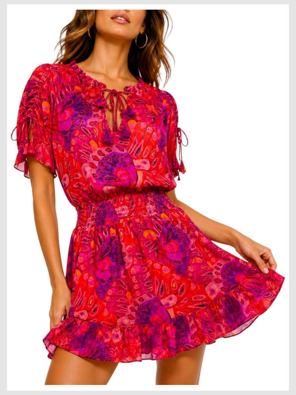 MISA Los Angeles Dominique Mini Dress Red Pink Smocked Ruffle XL